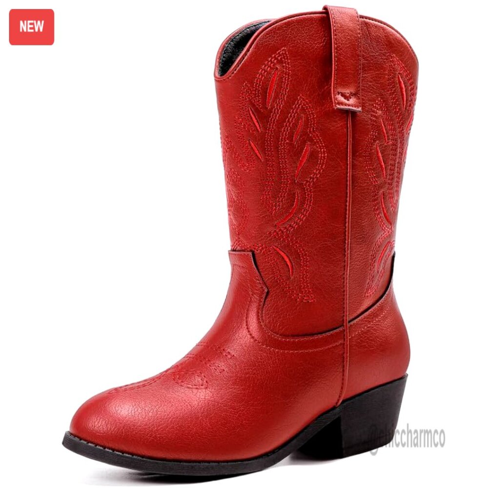 Girls Western Cowgirl Boots Mid Calf Pointed Toe Side Zipper Embroidered